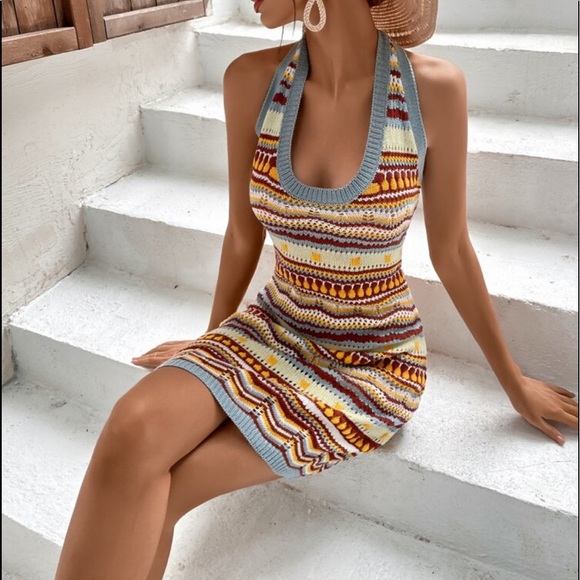 Boho Stripe Chevron Color Block Fitted Halter Knit Dress - Picture 5 of 5
